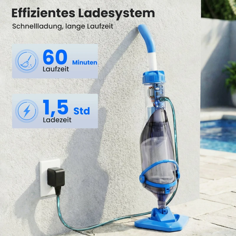 Outsunny Poolreiniger, kabelloser Poolstaubsauger mit 63-150 cm verstellbarem Stiel und Bürste für kleine Pools, Whirlpools und Teiche