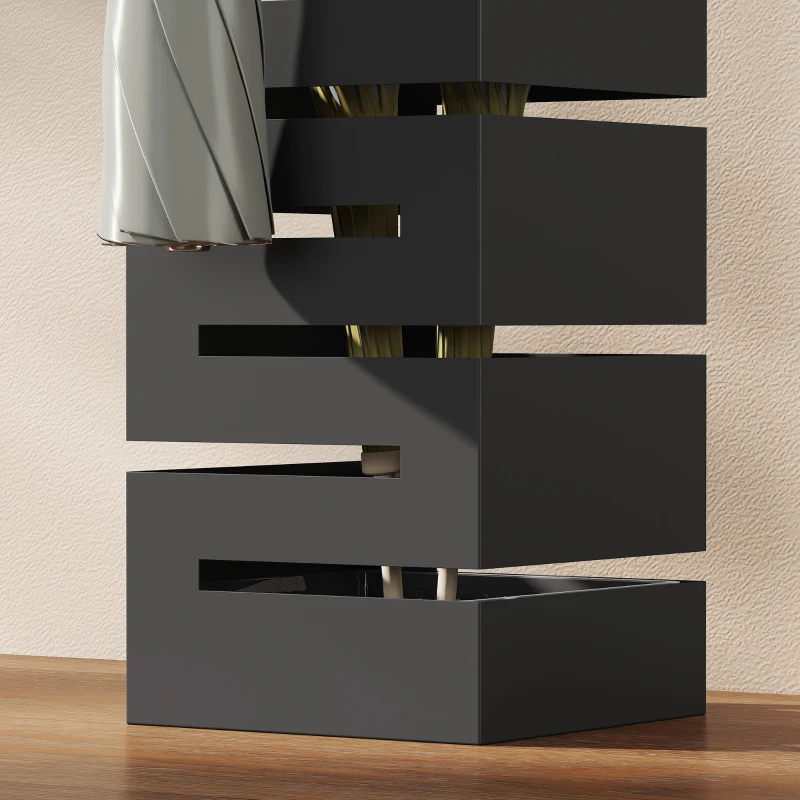 HOMCOM Parapluhouder, metalen standaard voor paraplu's, vrijstaande parapluhouder met haken en opvangschaal, plaats voor 8 paraplu's, Zwart