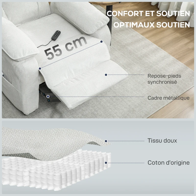 HOMCOM Fauteuil relax électrique fauteuil inclinable port USB repose-pieds poches latérales télécommande 86x90x103cm crème(m-5)