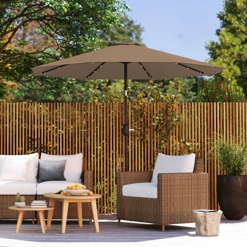 Outsunny Gartenschirm Ø265 cm mit 32 Solar-LEDs, Kurbel und Stahlmast für Patio Terrasse Khaki