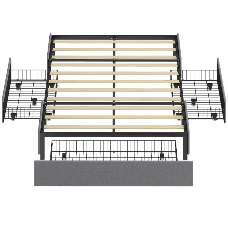 HOMCOM Doppelbett 140x190 cm Lattenrost mit 3 Schubladen und Metallrahmen, belastbar 363 kg, Grau