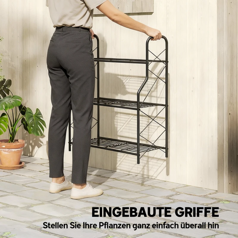 Outsunny 3-Etagen Pflanzenständer, 78 cm hoch Blumenständer mit Griffe, Pflanzenregal aus Metall Schwarz