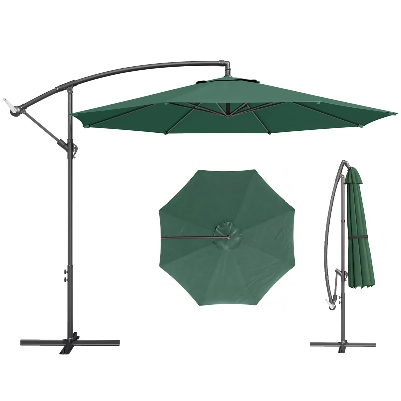 Outsunny 3 m Overhanging Cantilever Parasol, with Cross Base - Dark Green