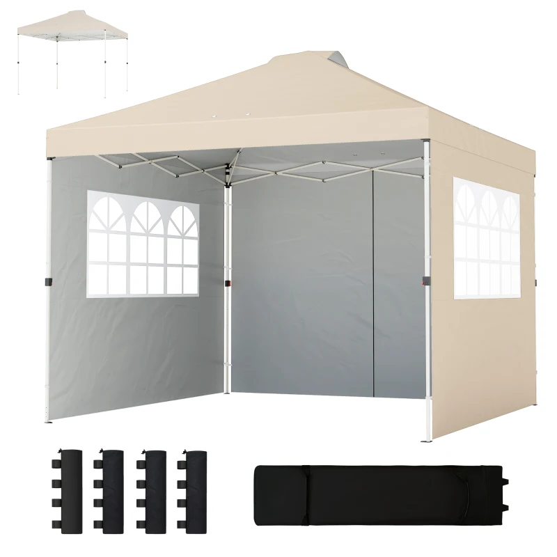 Outsunny Cenador Plegable 3x3 m con 3 Laterales, Altura Ajustable y Bolsa, Crema