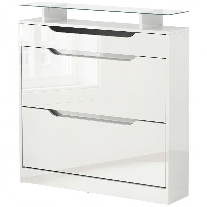HOMCOM Shoe Storage Cabinet with Slide Out Drawer, 2 Flip Doors, Tempered Glass Top - White