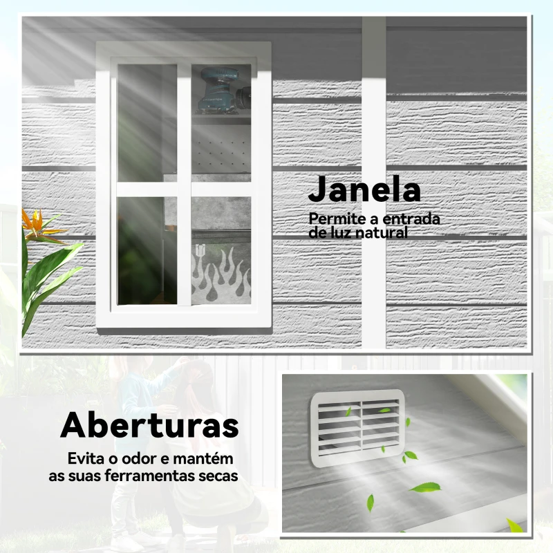 Outsunny Abrigo de Jardim em Resina 182x151x219 cm com Piso Janela Ventilação Portas Duplas Cinzento