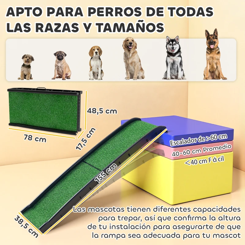 PawHut Rampa para Perros con Césped Artificial 155 cm Rampa para Perros para Coche Plegable con Asa Ángulo Ajustable Verde