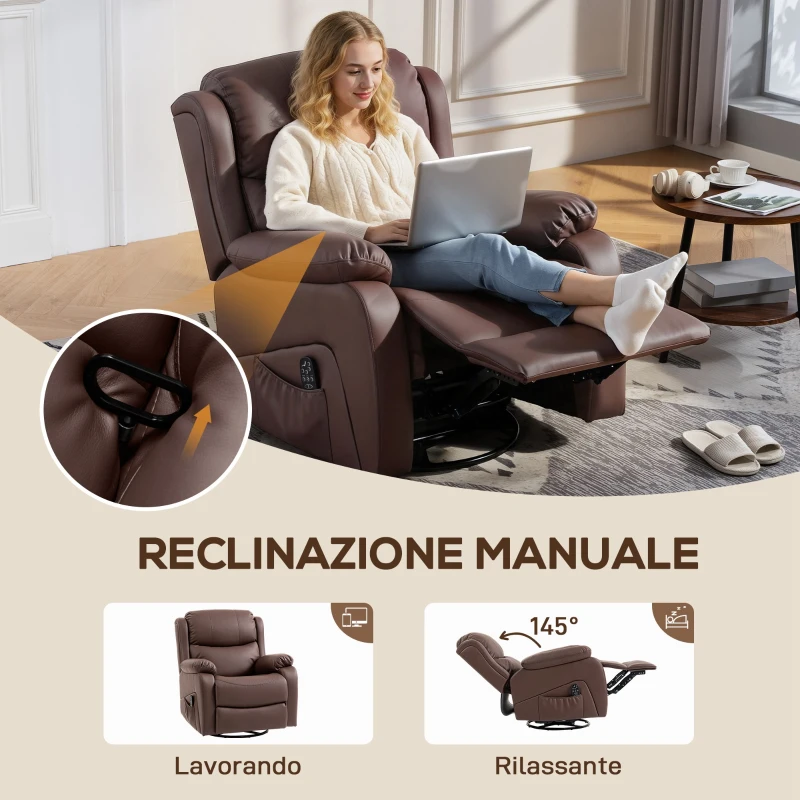 HOMCOM Poltrona Relax Reclinabile con 8 Punti Massaggianti, Riscaldanti e Poggiapiedi, 87x97X100 cm, Marrone