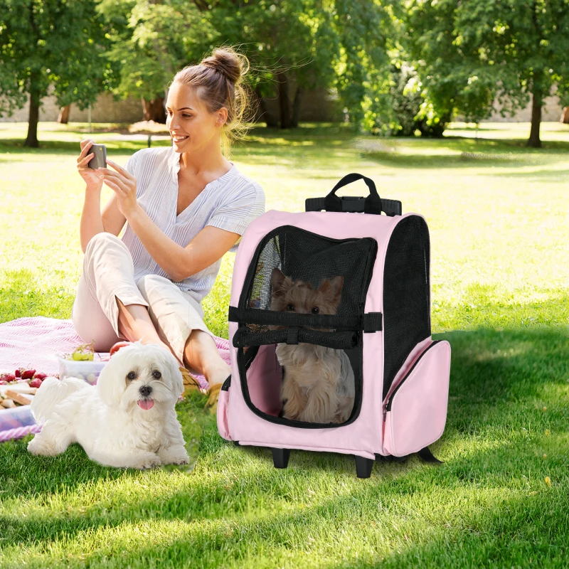 PawHut Sac de transport à roulettes pour chien 2 en 1 trolley chariot sac à dos pour chien chat avec poignée téléscopique, sacs de rangement, aérations, attache de sécurité, 42 x 25 x 55 cm, rose
