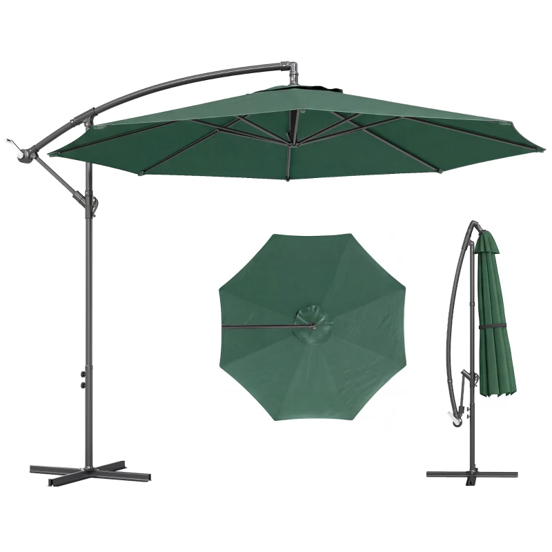 Outsunny 3 m Overhanging Cantilever Parasol, with Cross Base - Dark Green
