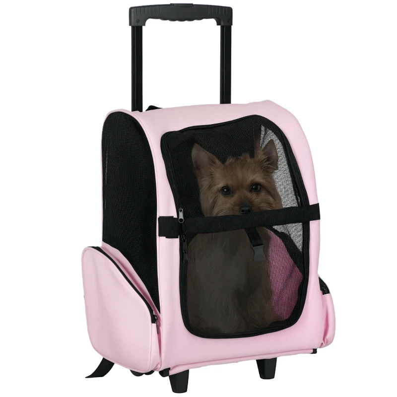PawHut Sac de transport à roulettes pour chien 2 en 1 trolley chariot sac à dos pour chien chat avec poignée téléscopique, sacs de rangement, aérations, attache de sécurité, 42 x 25 x 55 cm, rose