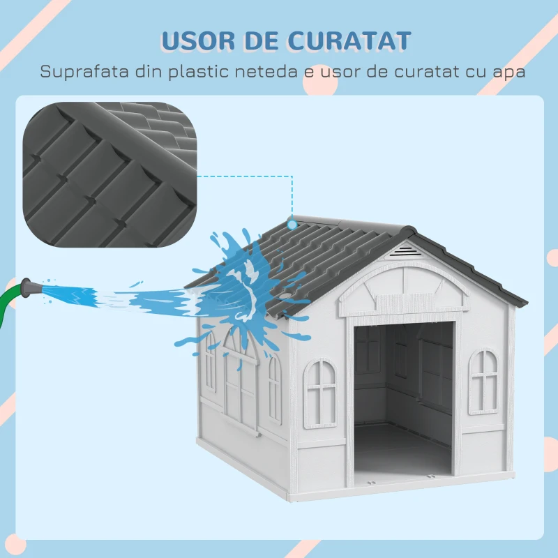 PawHut Cușcă pentru Câini din PP Impermeabil cu Acoperiș Inclinat și Ușă de Intrare, 65x75.7x63 cm, Gri