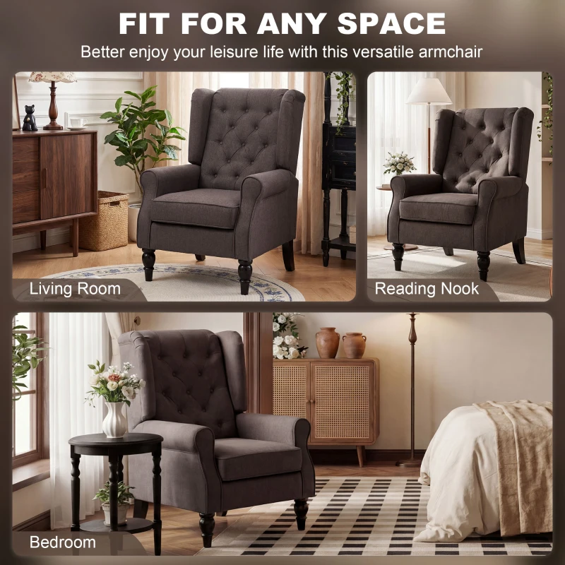 HOMCOM Wingback Accent Chair, Retro Upholstered Button Tufted Occasional Chair for Living Room and Bedroom, Brown