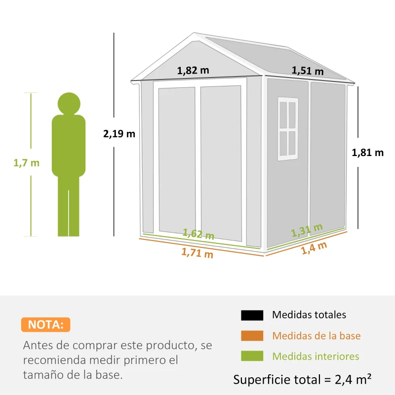 Outsunny Caseta de Jardín Exterior 182x151x219 cm con Suelo Puerta Cerrada y Techo Inclinado para Almacenar Herramientas Gris