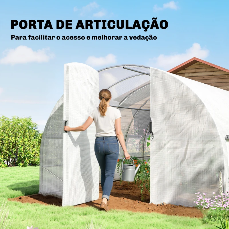 Outsunny Estufa de Túnel 6x3x2 m com Porta de Dobradiças,12 Janelas com Rede e Estrutura de Aço Galvanizado Branco