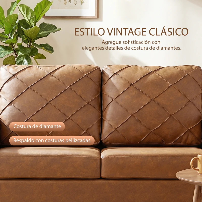 HOMCOM Sofá de 2 Plazas de PU con Patas de Madera Respaldo con Costuras Sofá Moderno para Salón Dormitorio Marrón