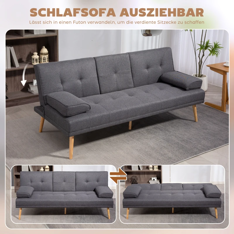 HOMCOM Schlafsofa im Skandi-Design, 3-Sitzer-Sofa, 2 Kissen, Grau + Natur