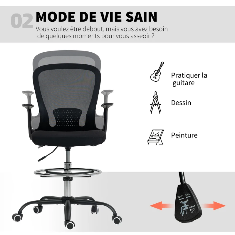 HOMCOM Chaise bureau ergonomique avec repose-pieds ajustable et accoudoirs relevables, hauteur réglable, 59x62x99-119cm, noir