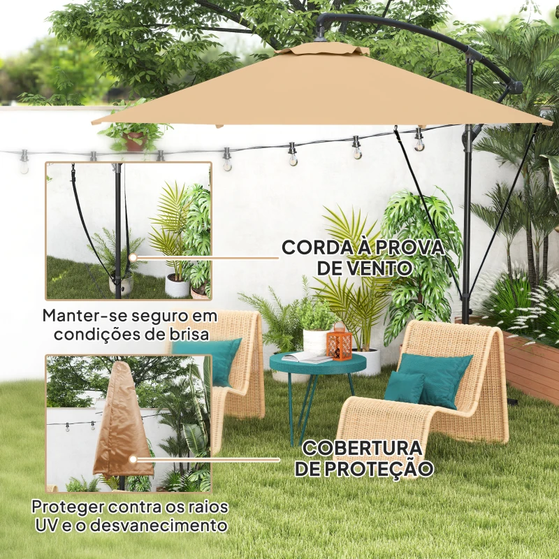 Outsunny Chapéu de Sol Excêntrico Ø 290 cm Chapéu de Sol de Jardim com Base Cruzada Capa de Proteção e Corda de Vento Cáqui