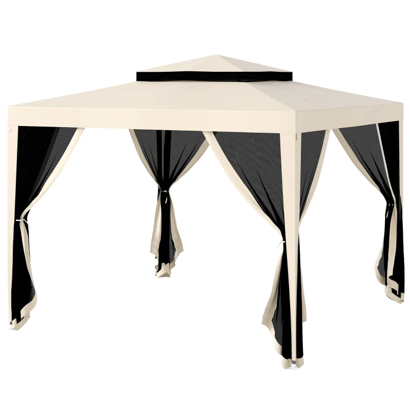 Outsunny Carpa de Jardín 3x3 m Cenador Gazebo con 4 Mosquiteras Laterales Techo Doble 8 Orificios de Drenaje Marco de Metal Beige