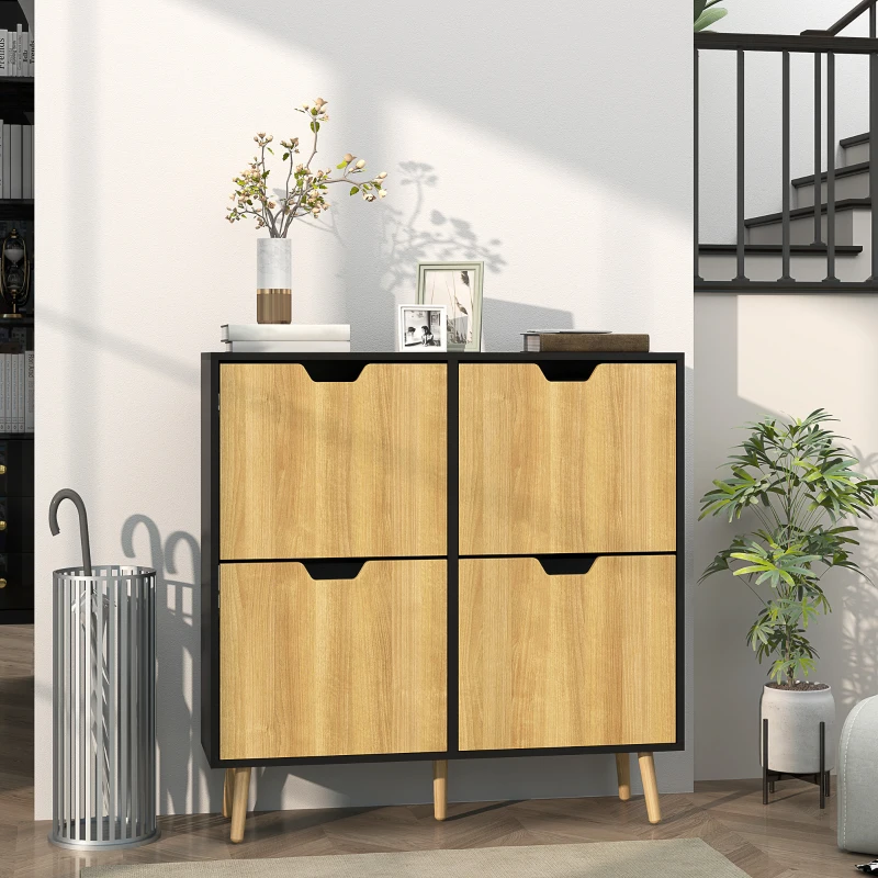 HOMCOM Meuble à chaussures 4 abattants 16 paires avec étagère réglable pieds en bois de pin 95 x 26 x 95 cm naturel
