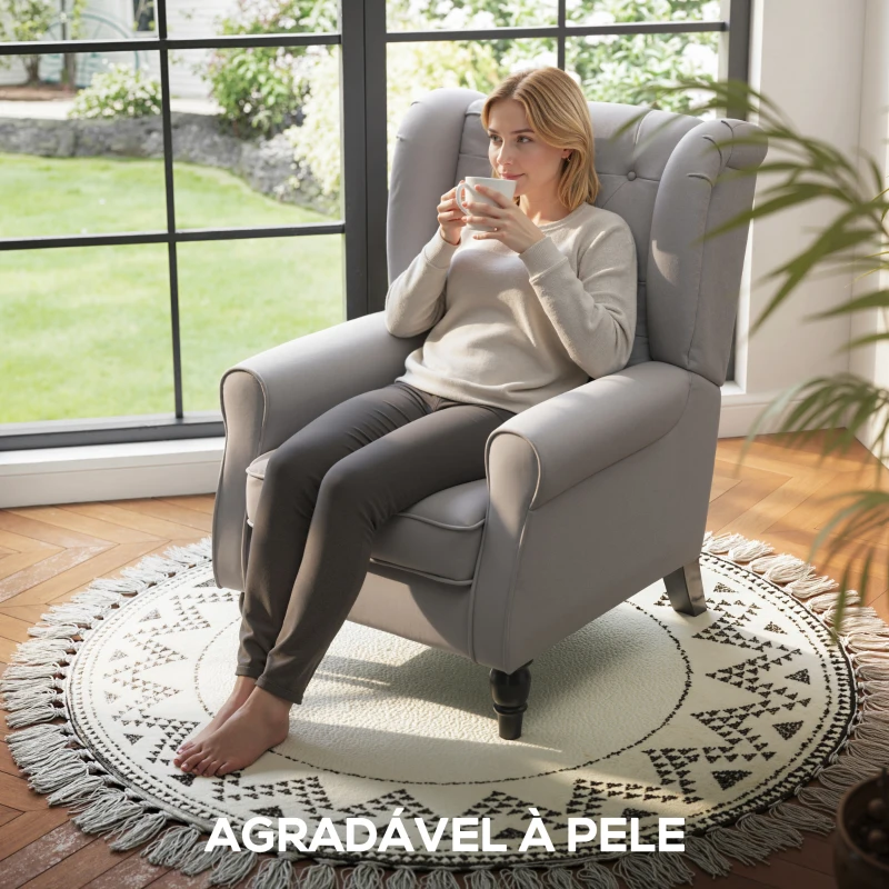 HOMCOM Poltrona de Sala com Apoios de Braços e Pés de Madeira Carga 160 kg para Quarto Escritório Sala de Estar 74x86x102 cm Cinzento