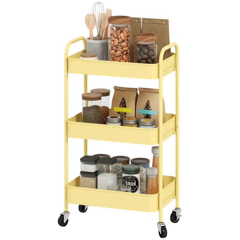 HOMCOM Carrello da cucina a 3 livelli con cestelli e maniglie, 45x30,6x79 cm, Giallo