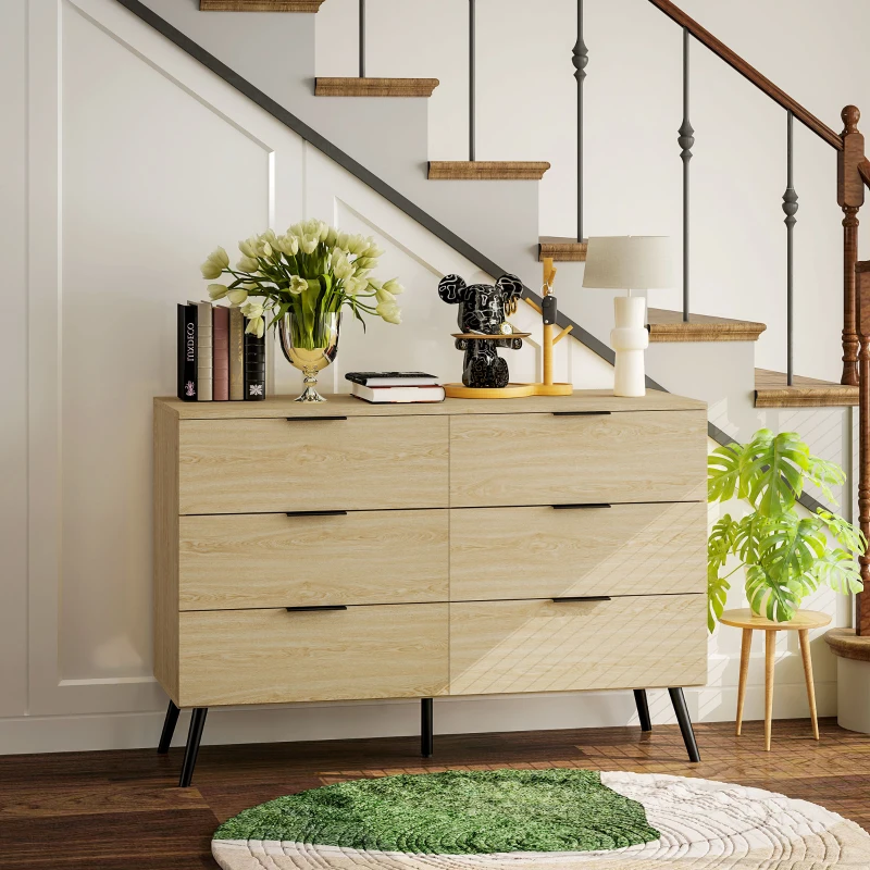 HOMCOM Commode 6 tiroirs Commode moderne pour chambre à coucher avec design anti-basculement 110L x 40l x 75H cm Aspect bois