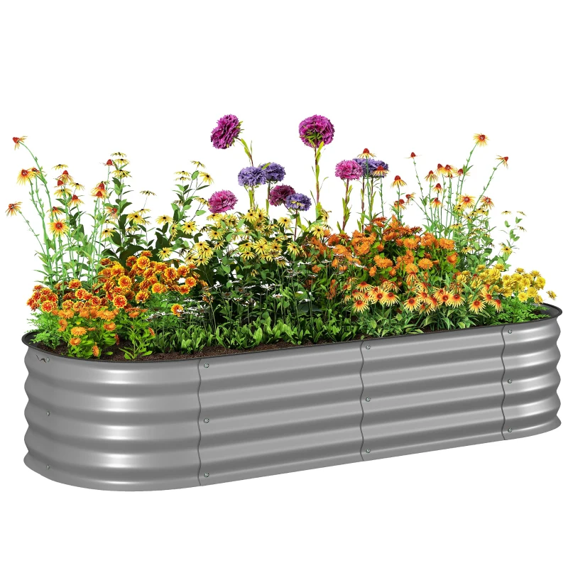 Outsunny Galvanised Raised Garden Bed, Metal Planter Box with Safety Edging, for Flowers, Herbs, Succulents, Silver