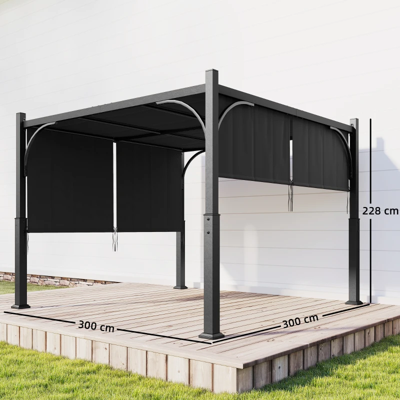 Outsunny Pérgola de Jardim 3x3 m Tenda de Jardim com Toldo Deslizante Estrutura Metálica para Exterior Cinza Escuro