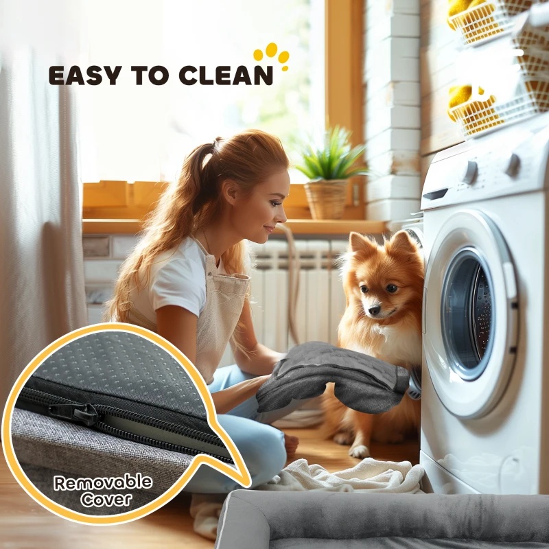 PawHut Dog Sofa Bed, Washable Pet Bed with Removable Cover and Non-Slip Bottom for Small, Medium and Large Dogs, Grey