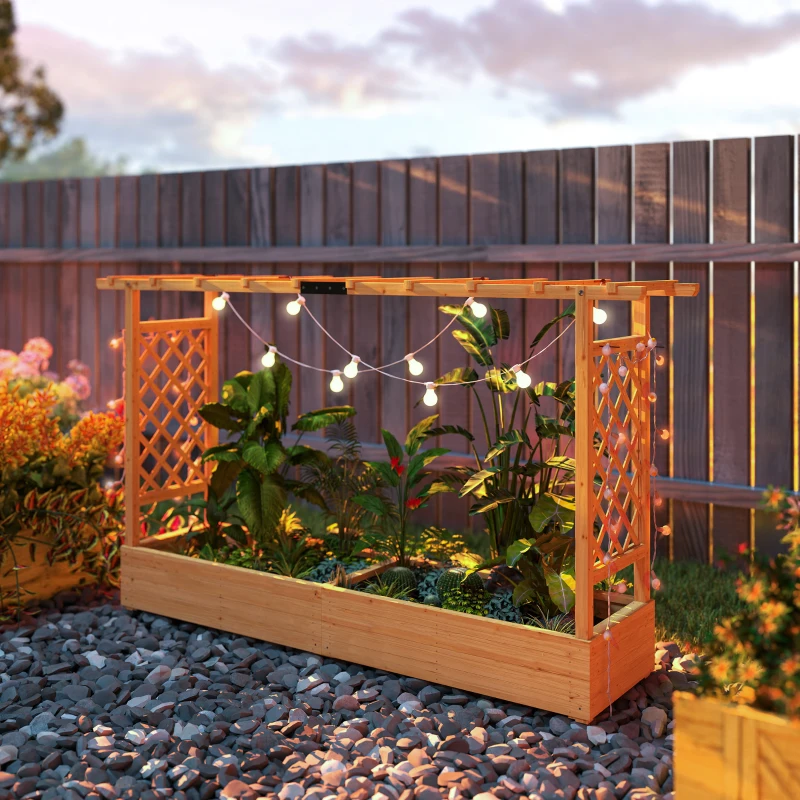 Outsunny Raised Planter with Trellis, Wooden Raised Bed for Garden with Hanging Roof and Drainage Holes, Outdoor Planter Box