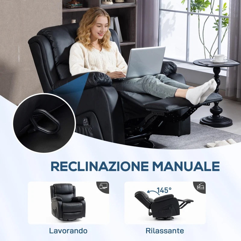 HOMCOM Poltrona Relax Reclinabile con 8 Punti Massaggianti, Riscaldanti e Poggiapiedi, 87x97X100 cm, Nero