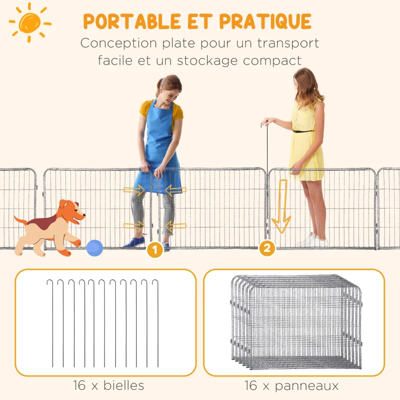 PawHut Parc pour chien, enclos chien 16 panneaux modulable et pliable, portable en acier avec portes 80 x 60 gris