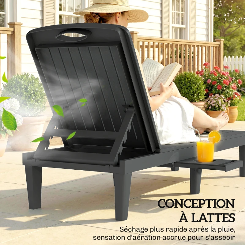 Outsunny Lot de 2 chaises longues de jardin en plastique PP avec plateau latéral, inclinables à 5 positions, gris