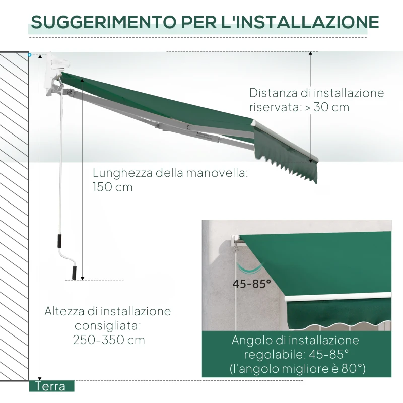Outsunny Tenda da Sole a Manovella 3x2 m ad Angolazione Regolabile, in Alluminio, Acciaio e Poliestere Verde
