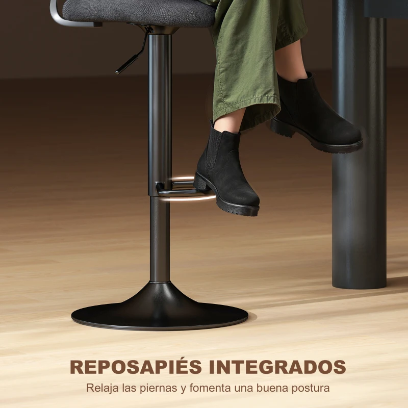 HOMCOM Juego de 2 Taburetes de Bar Giratorios en 360° Regulables en Altura de 84-105 cm Respaldo Hueco Reposapiés Negro