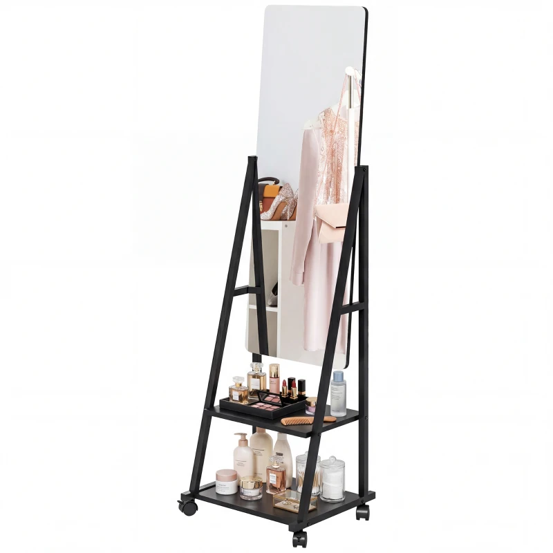 HOMCOM Free Standing Dressing Mirror, Rolling Full Length Mirror on Wheels with Adjustable Angle, Storage Shelves for Bedroom