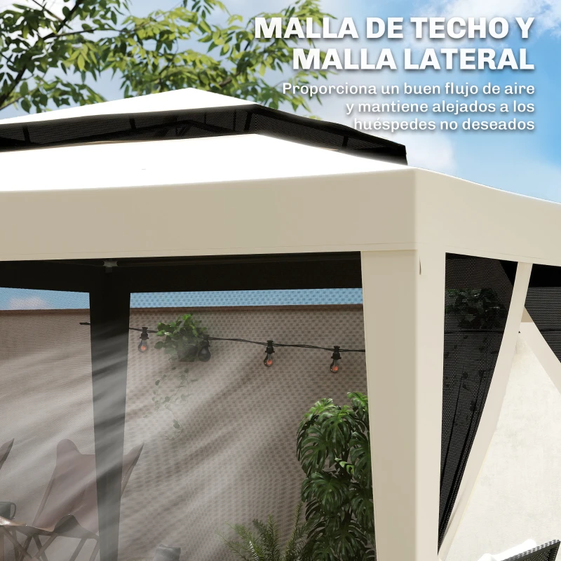 Outsunny Carpa de Jardín 3x3 m Cenador Gazebo con 4 Mosquiteras Laterales Techo Doble 8 Orificios de Drenaje Marco de Metal Beige