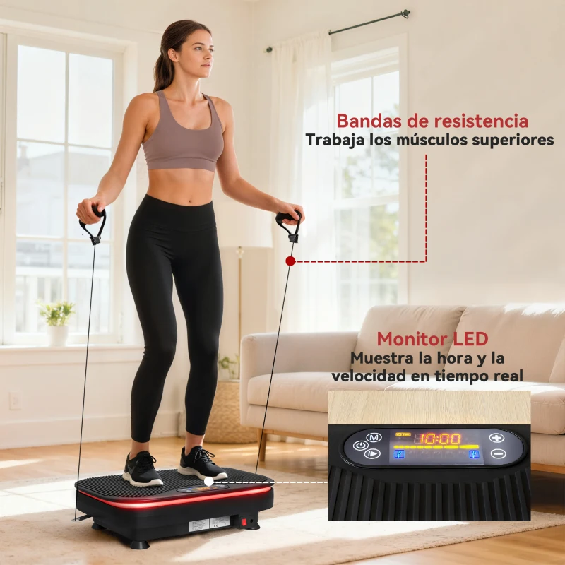SPORTNOW Plataforma Vibratoria con 99 Velocidades 3 Programas Altavoz Bluetooth Pantalla LED Mando a Distancia Bandas Elásticas