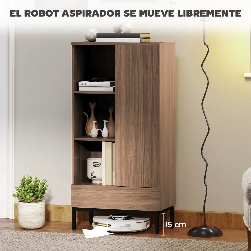 HOMCOM Aparador para Salón Moderno con Puerta Cajón Estante Ajustable y 3 Compartimentos Abiertos 60x34x121 cm Natural