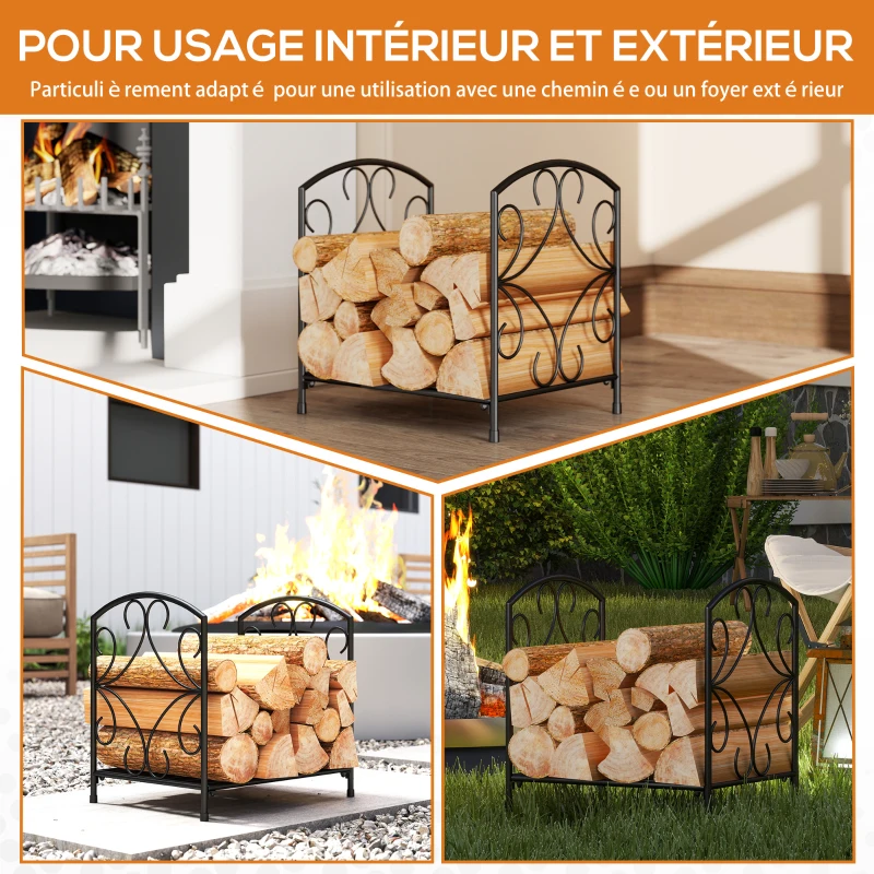 Outsunny Range-bûches porte buche de cheminée pieds surélevés pour intérieur et extérieur, cadre en métal, 39,5x31,5x39,5cm, noir