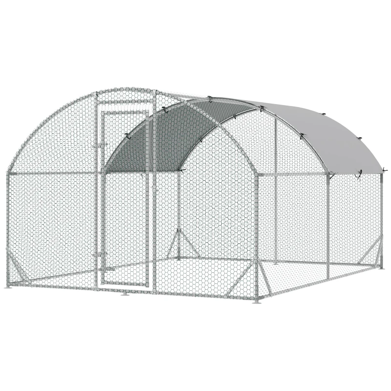 PawHut Recinto per Galline in Metallo Galvanizzato con Tetto e Copertura Anti UV, 280x380x197 cm, Argento