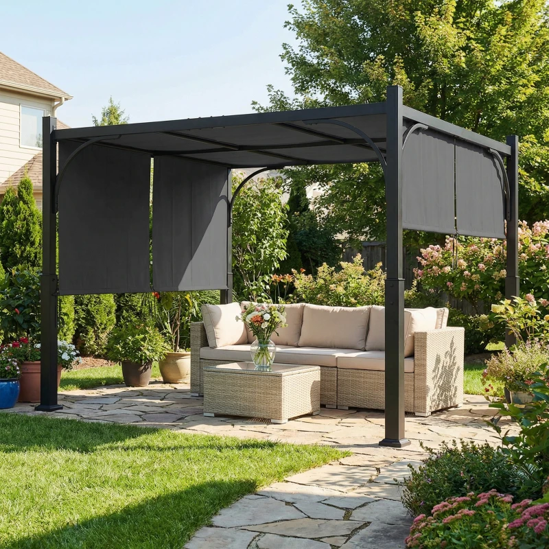 Outsunny Pergola da giardino 3x3 m con tenda scorrevole e struttura metallica, grigio scuro