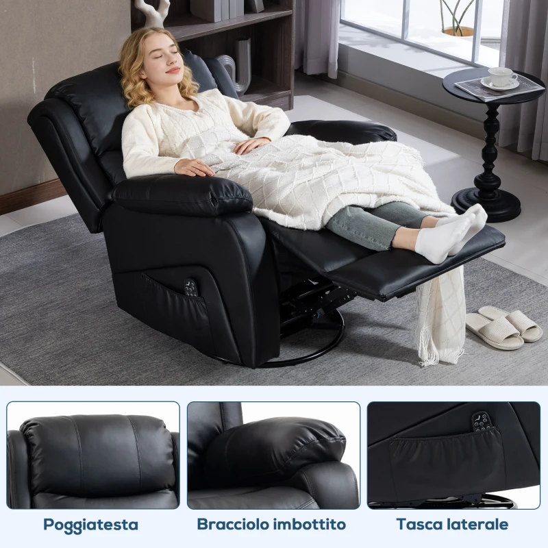 HOMCOM Poltrona Relax Reclinabile con 8 Punti Massaggianti, Riscaldanti e Poggiapiedi, 87x97X100 cm, Nero