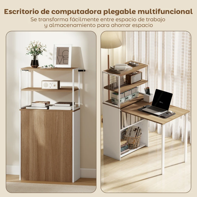 HOMCOM Escritorio Plegable con Estantería con 4 Estantes Mesa de Ordenador para Estudio Oficina Casa 105x60x127 cm Natural