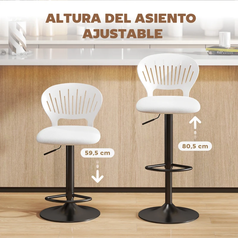 HOMCOM Juego de 2 Taburetes de Bar Giratorios en 360° Regulables en Altura de 84-105 cm Respaldo Hueco Reposapiés Blanco