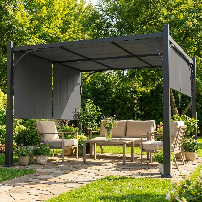 Outsunny Pergola da giardino 3x3 m con tenda scorrevole e struttura metallica, grigio scuro