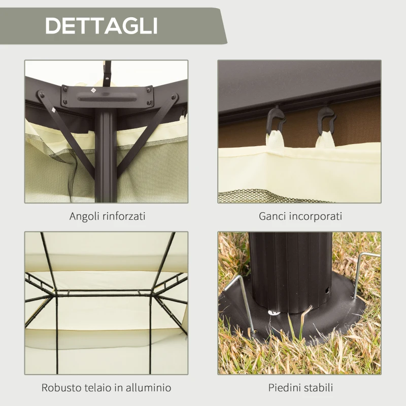 Outsunny Gazebo da Giardino 4x3 m con Zanzariera e Tende, Tetto Doppio e Rivestimento Anti-UV, Crema