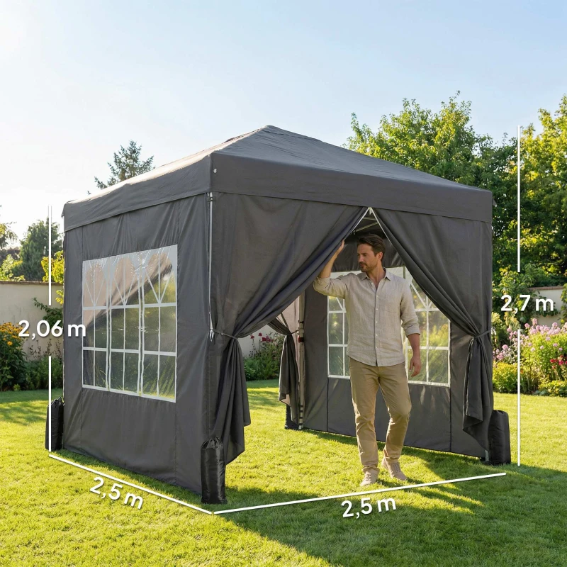 Outsunny Carpa de jardín 2,5 x 2,5 m pop up carpa plegable ajustable en altura protección UV50+ montaje fácil gris oscuro